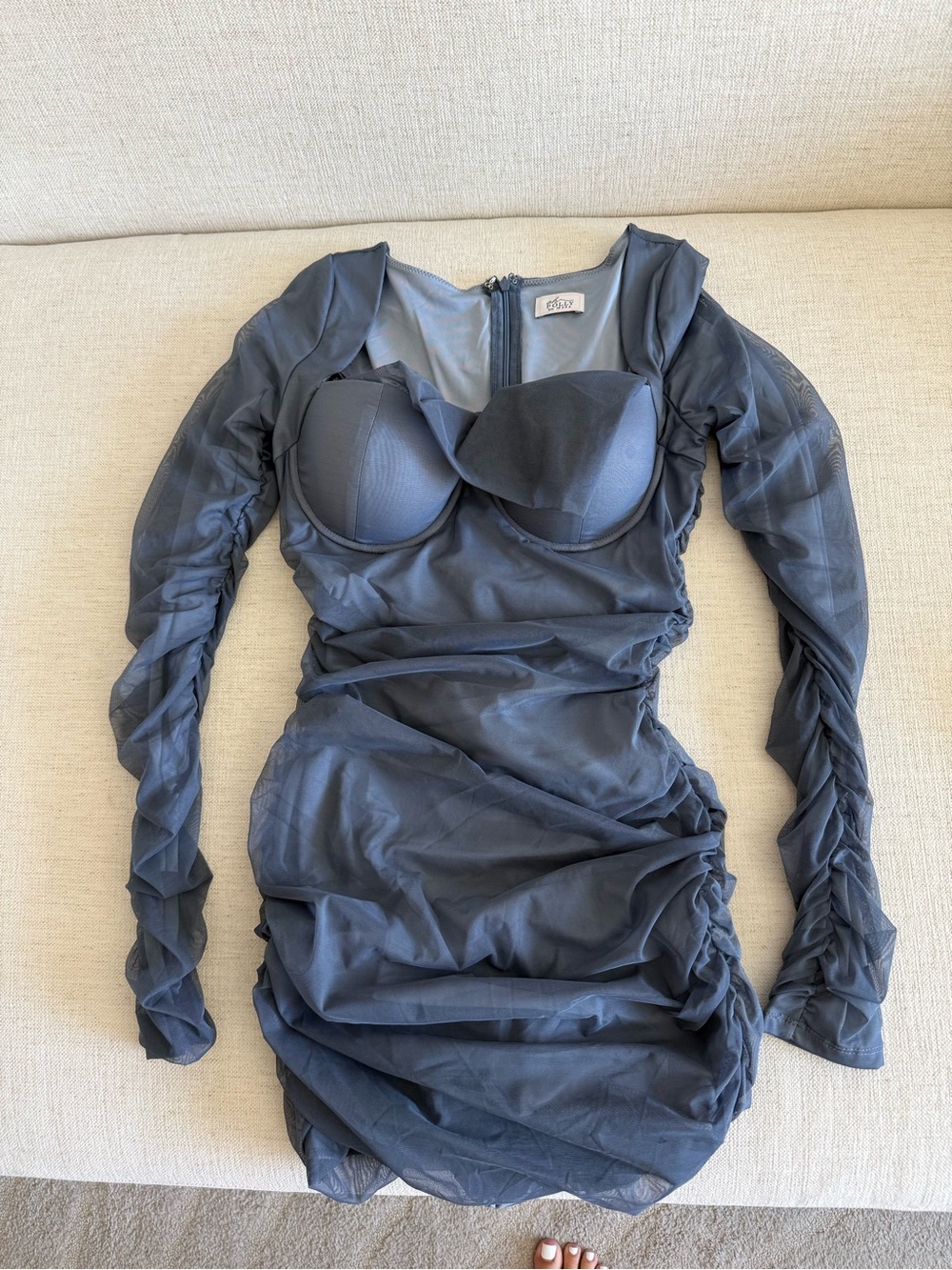Oh Polly Charcoal Gray Mesh Ruched Mini Dress